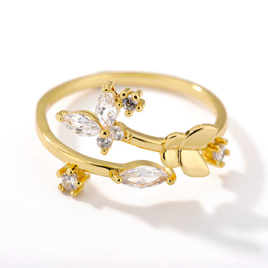 Verstelbare zirkonia-ring met verse bloemen voor dames